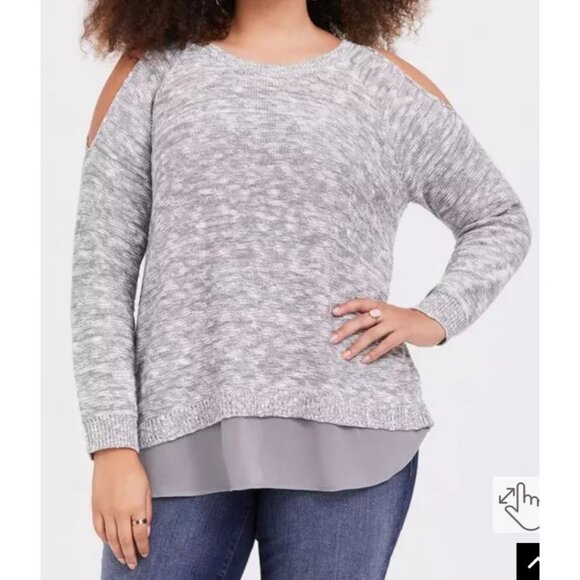 Torrid Gray Marled Cold-Shoulder Pullover Sweater With Split-Back Chiffon Hem - Picture 2 of 8